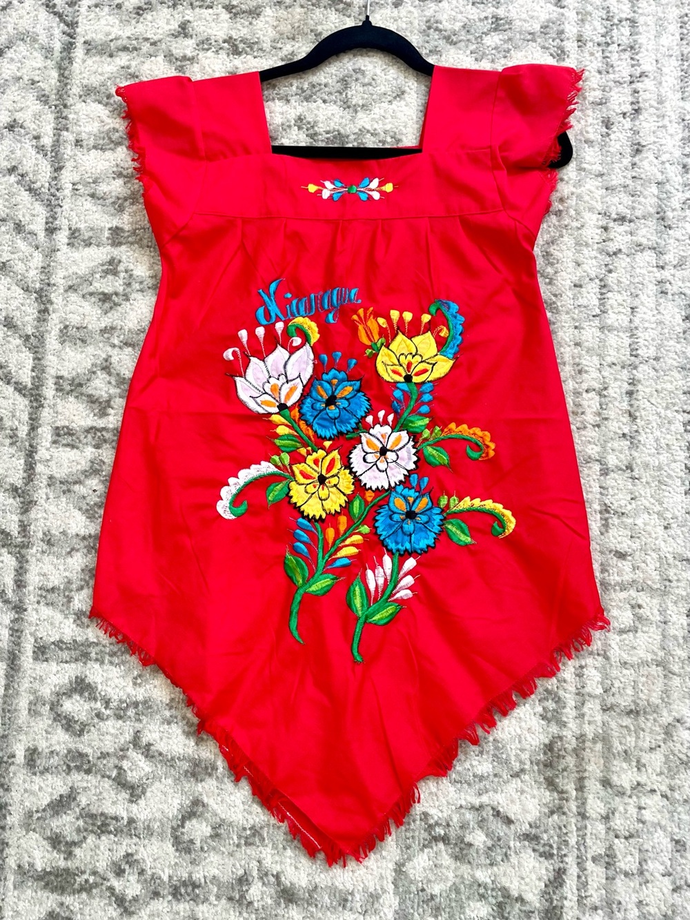 Authentic Nicaraguan Embroidered Blouse Dress Red Fringed Handkerchief Hem XS